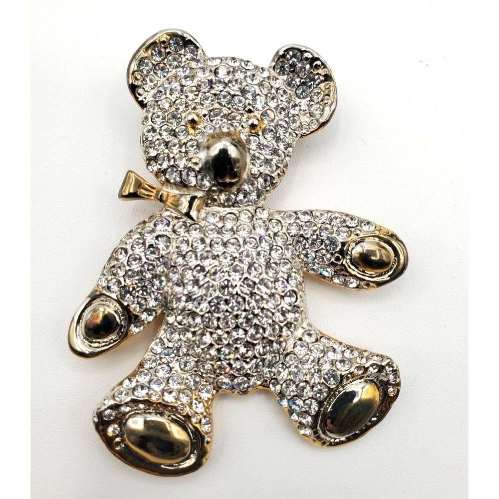 Vintage Gold Tone Bejeweled Rhinestone Teddy Bear Estate Brooch Pin